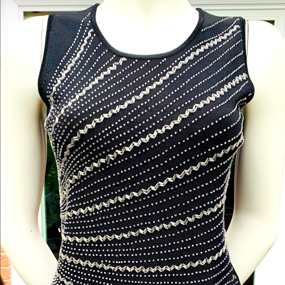 Black Rayon Knit Tank Top with Shiny Metal Beadings coctail wedding top US M